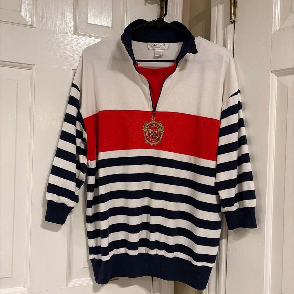 Adolfo Sport Vintage 90s Quarter Zip Striped Crest‎ Rugby Sweatshirt